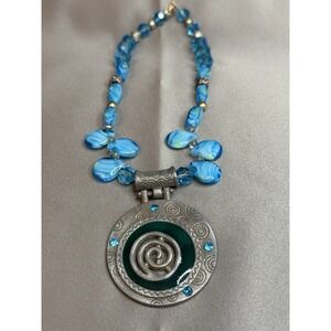 Artisan Blue Glass Bead Necklace Enameled Medallion  Sculptural Statement